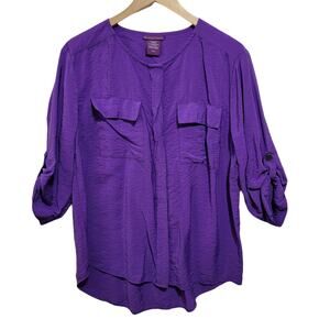 VTG Beverly Drive Button Front Top Purple Flap Pockets Roll Tab Sleeves 16/18W